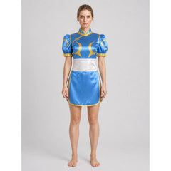 Chun-Li Cosplay Qipao Costume Set for Women - Blue & Gold Dress, Waistband, Shorts & Hair Bun Covers