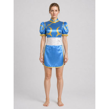 Chun-Li Cosplay Qipao Dress with Gold Trim on-model view