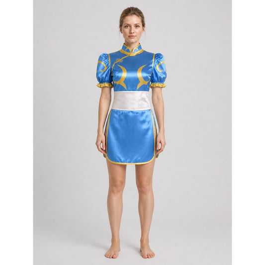 Chun-Li Cosplay Qipao Dress with Gold Trim on-model view