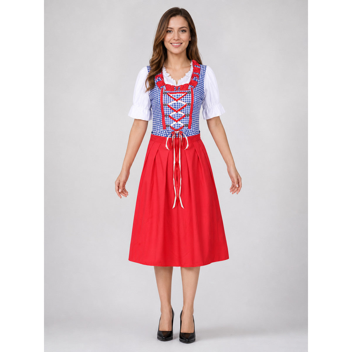 Bavarian Dress with a Plaid Corset and Bows front view