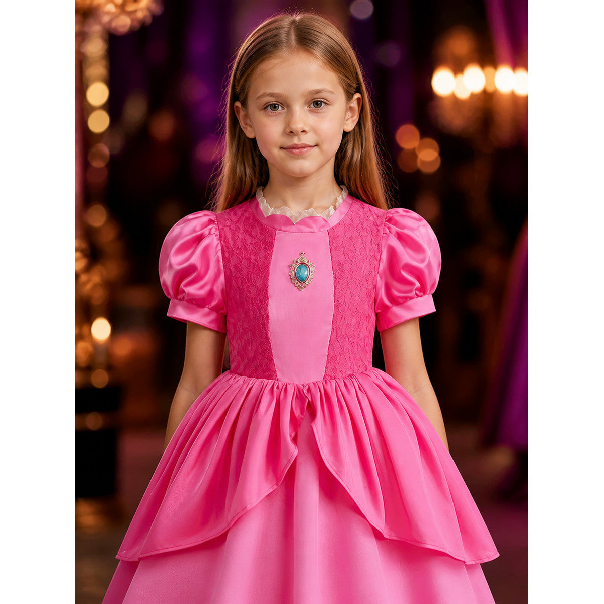 Girls Pink Princess Costume Dress With Lace Collar And Layered Skirt on-model view