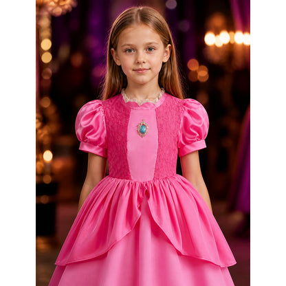 Girls Pink Princess Costume Dress With Lace Collar And Layered Skirt on-model view