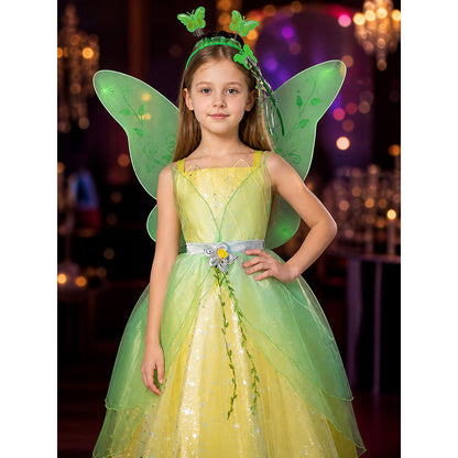 Girls' Fairy Princess Costume Dress with Butterfly Wings and Green Vine Pattern