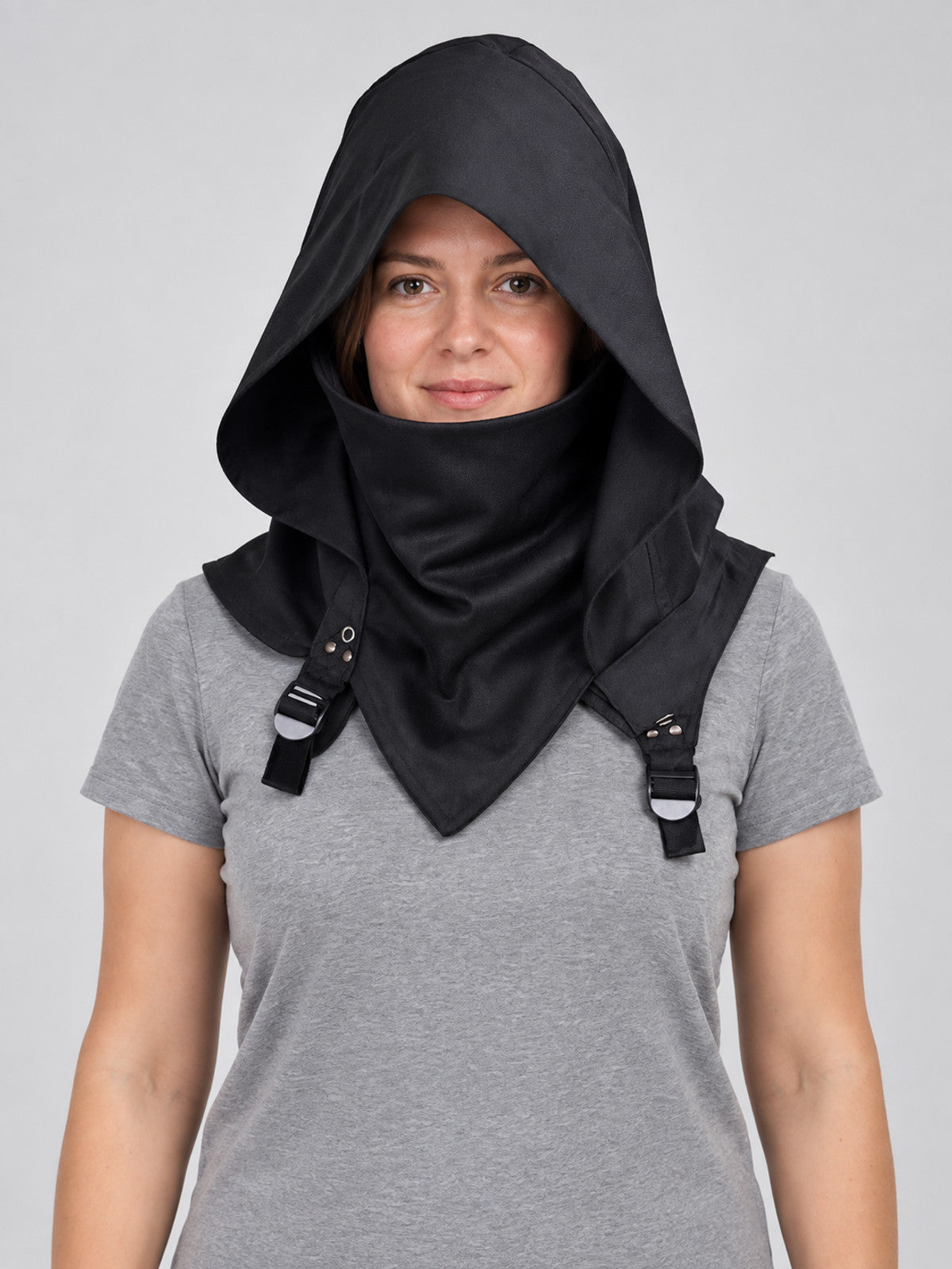 Black hood-mask made of suit fabric with a cutout