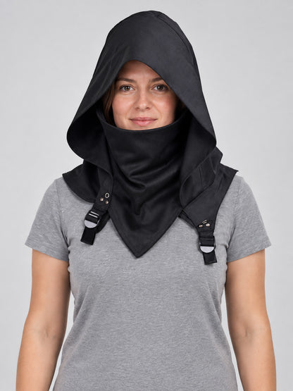 Black hood-mask made of suit fabric with a cutout