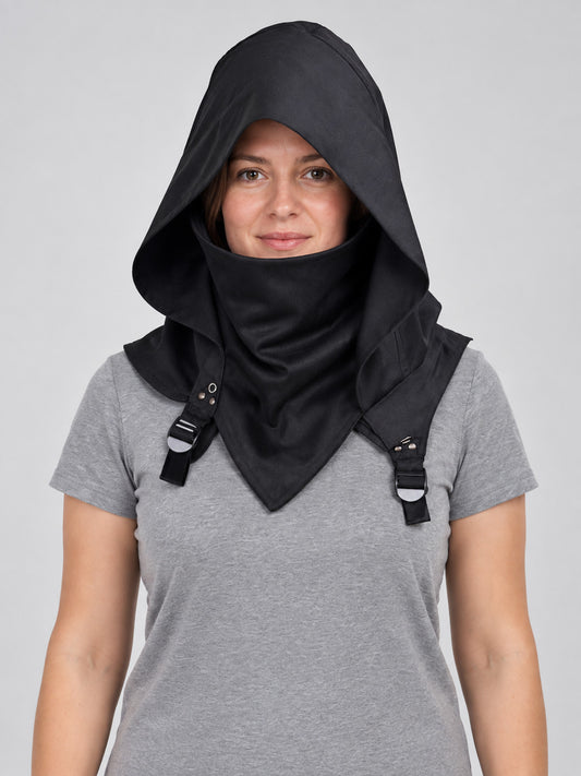 Black hood-mask made of suit fabric with a cutout