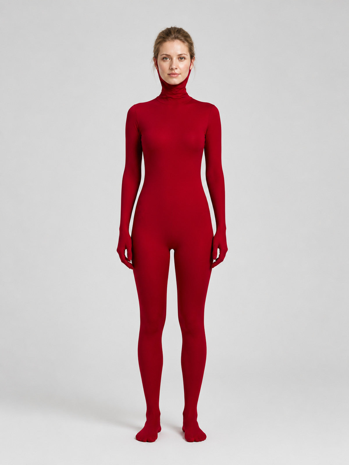 Burgundy Form-Fitting Hooded Halloween Bodysuit on-model view