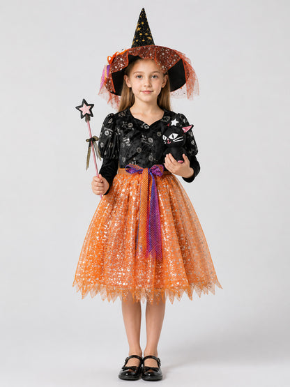 Witch Costume with Skirt, Hat, and Magic Wand on-model view