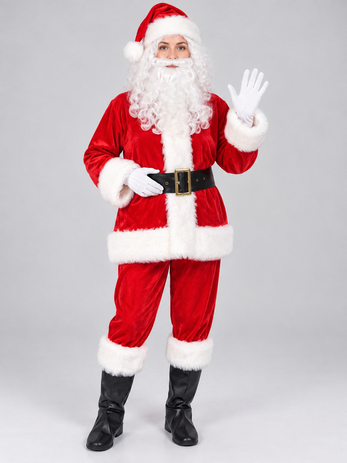 Red Santa Claus costume with white trim on-model view