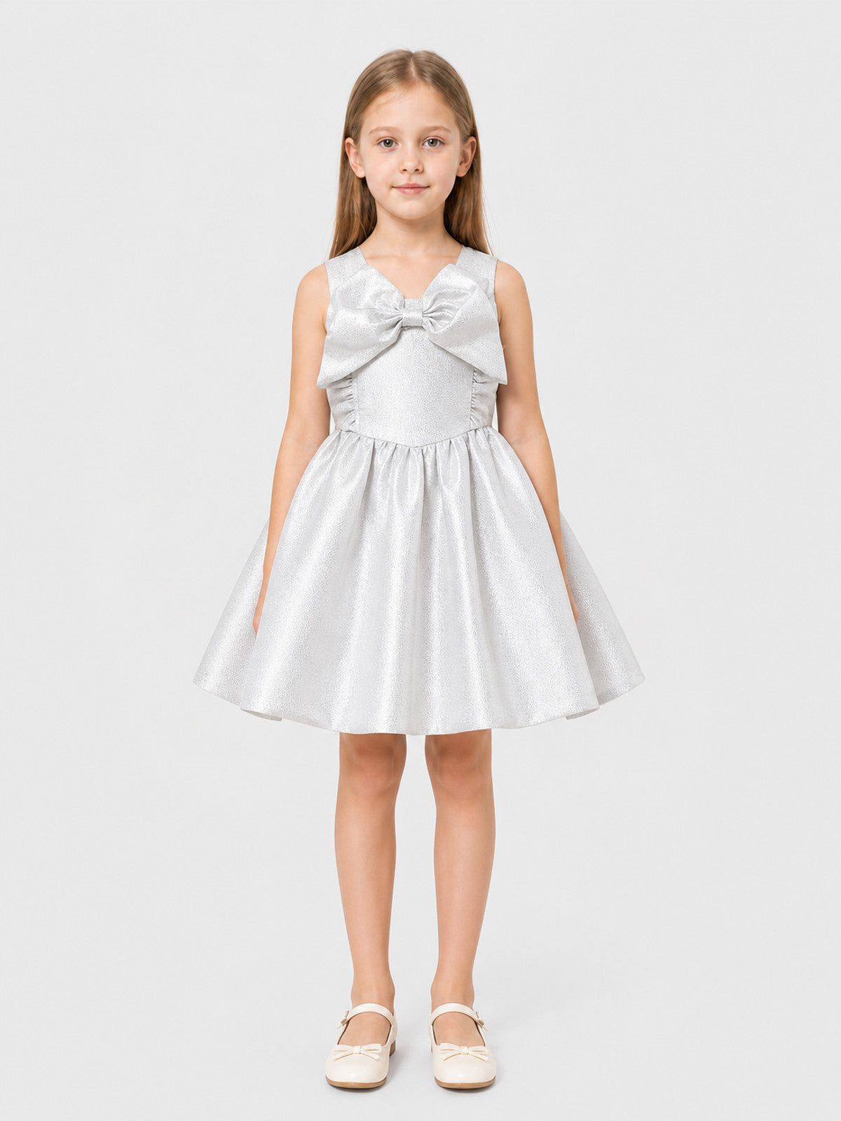Silver Dressy Dress with a Bow and Full Skirt on-model view