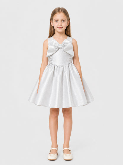 Silver Dressy Dress with a Bow and Full Skirt on-model view