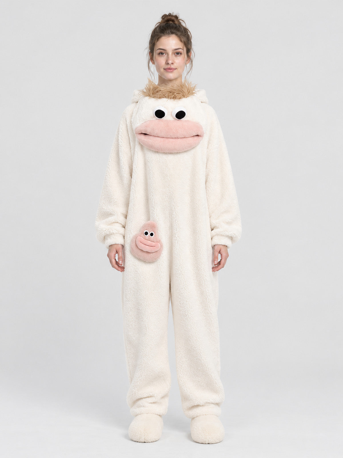 White Insulated Pajama Jumpsuit with Cartoon Design