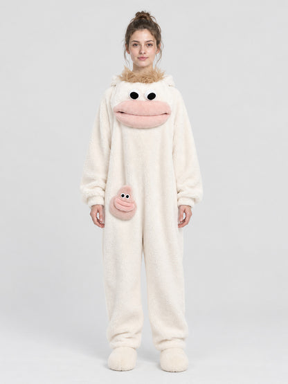 White Insulated Pajama Jumpsuit with Cartoon Design
