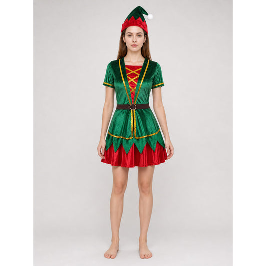Christmas Elf Costume: Top, Skirt, Hat, and Belt