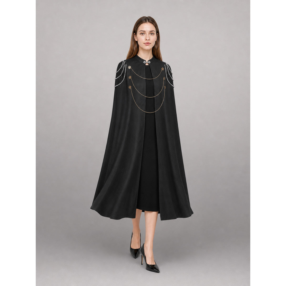 Long Black Hooded Costume Cloak front view