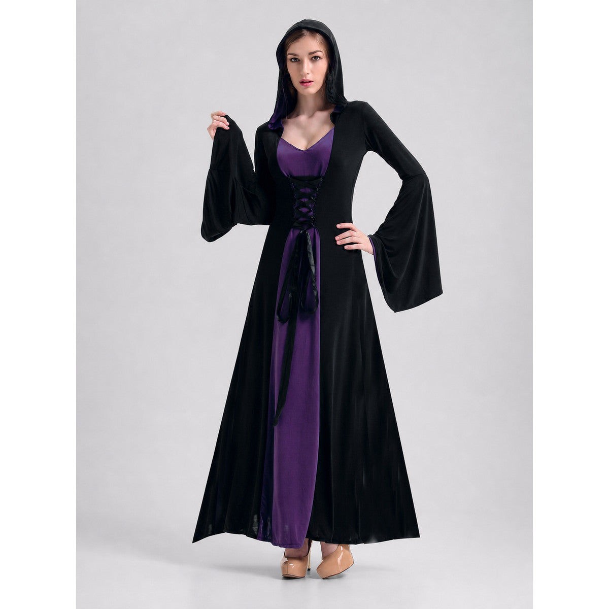 Black Gothic-Style Dress with Hood and Lacing