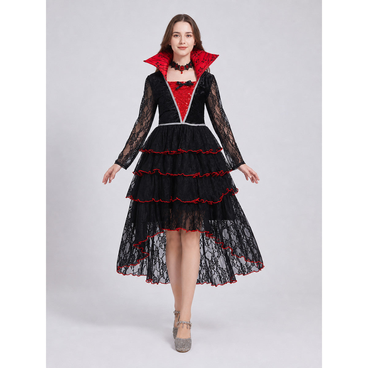 Gothic vampire costume dress with necklace front view