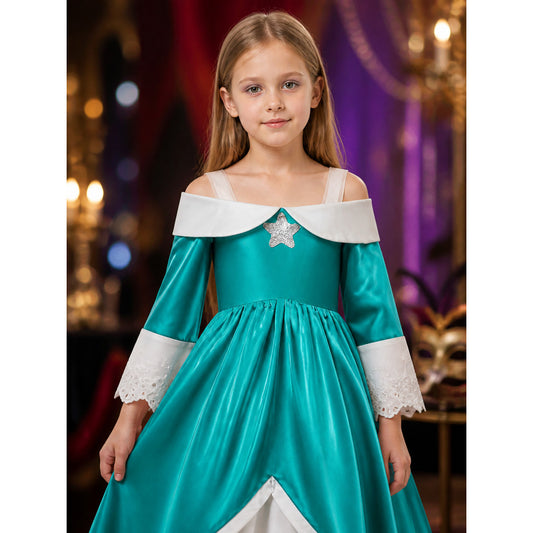 Girls Rosalina Princess Cosplay Dress with Silver Star and High-Low Hem on-model view