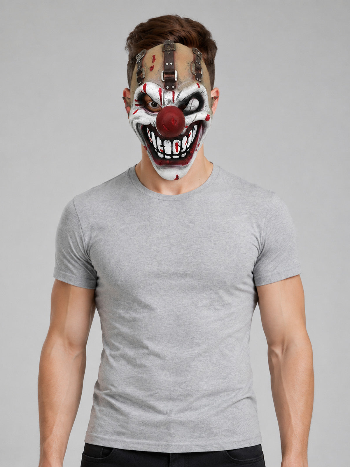 Full-face clown mask for cosplay with straps on-model view