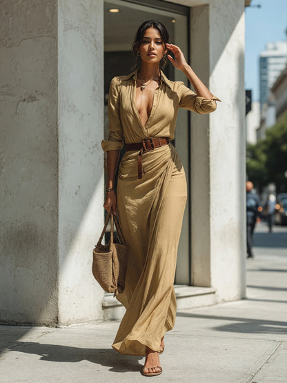 The dress features a long khaki silhouette with long sleeves, a shirt-style main product view