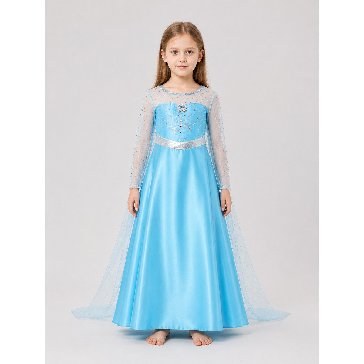 Elsa Anna Princess Dress with a Train and Silver Belt on-model view