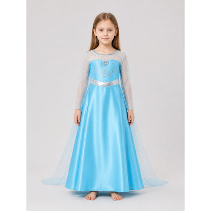 Elsa Anna Princess Dress with a Train and Silver Belt on-model view