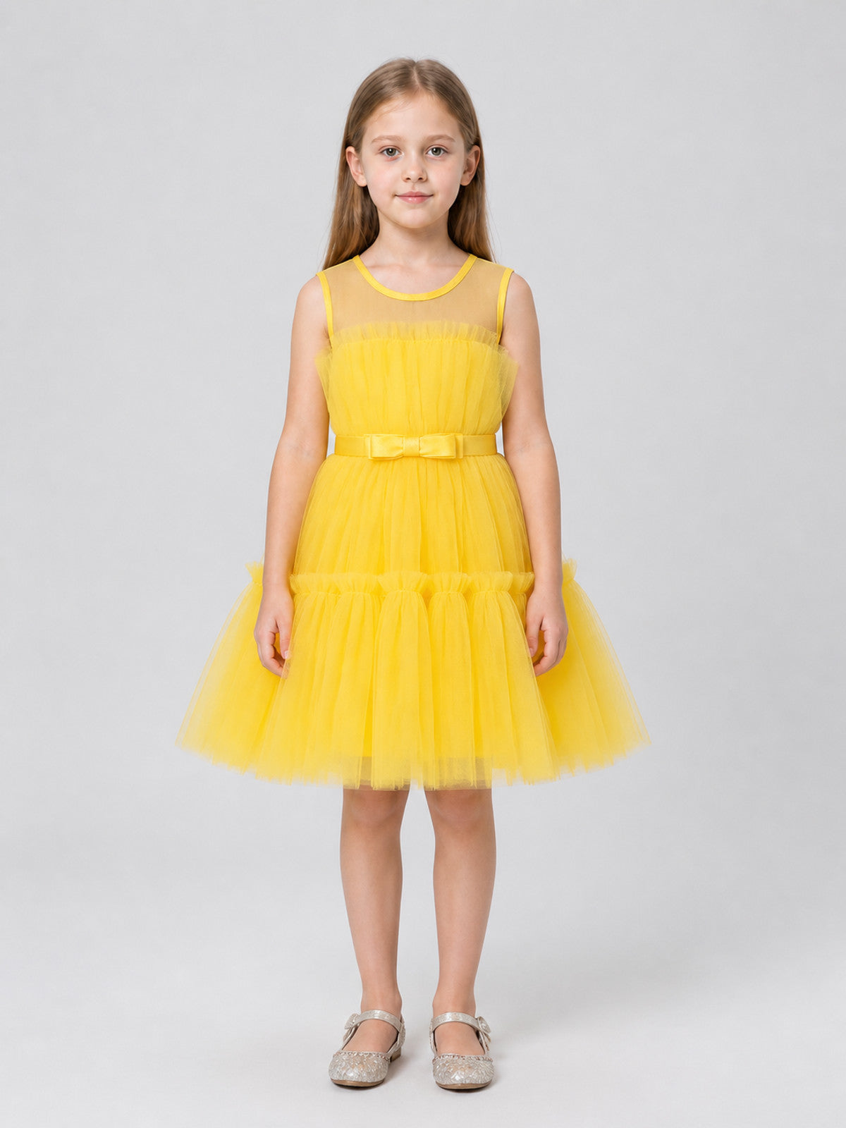 Yellow Princess Dress for Girls, Full Skirt, Bow on-model view
