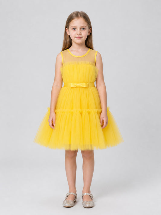 Yellow Princess Dress for Girls, Full Skirt, Bow on-model view