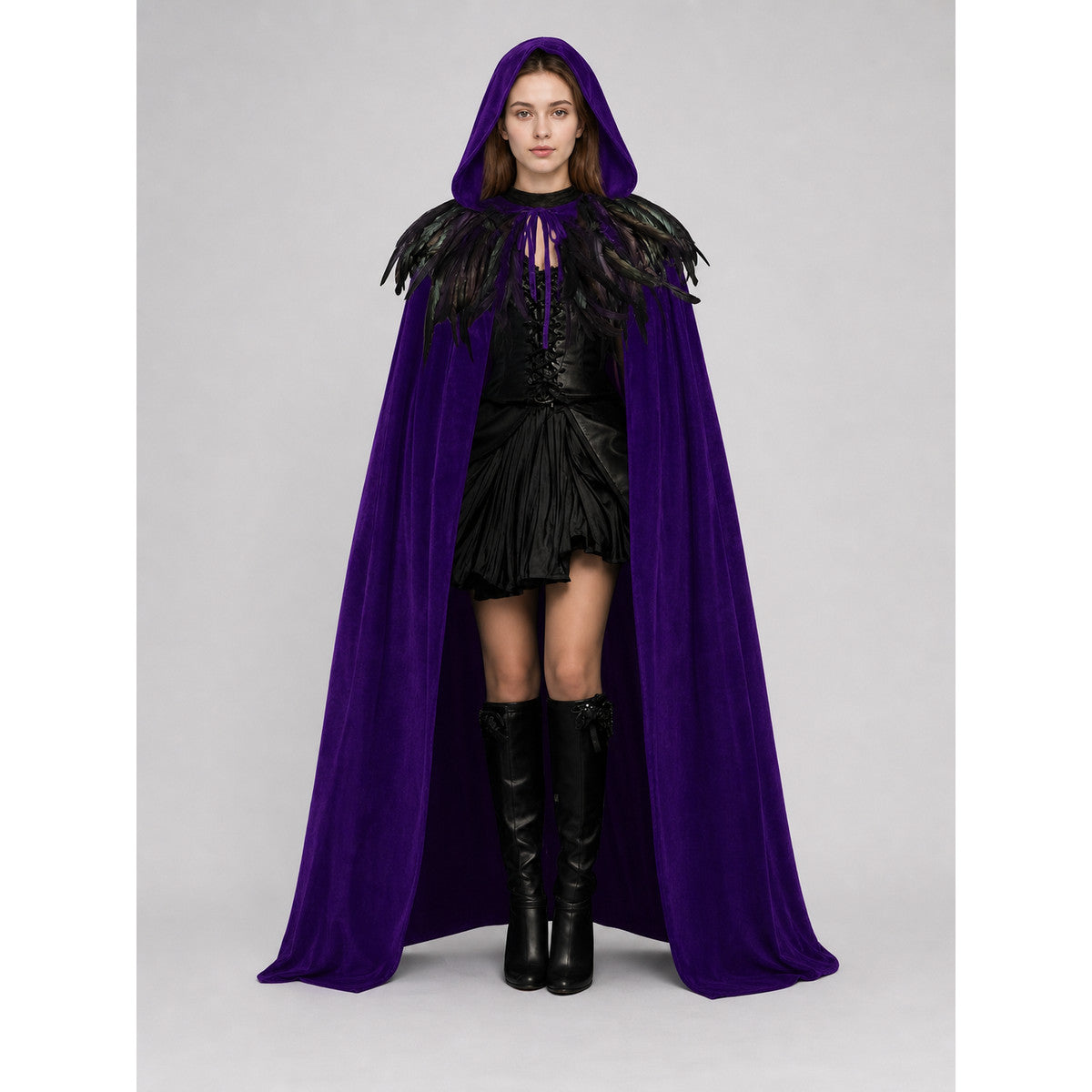 Purple Velvety Hooded Cape with Feathers