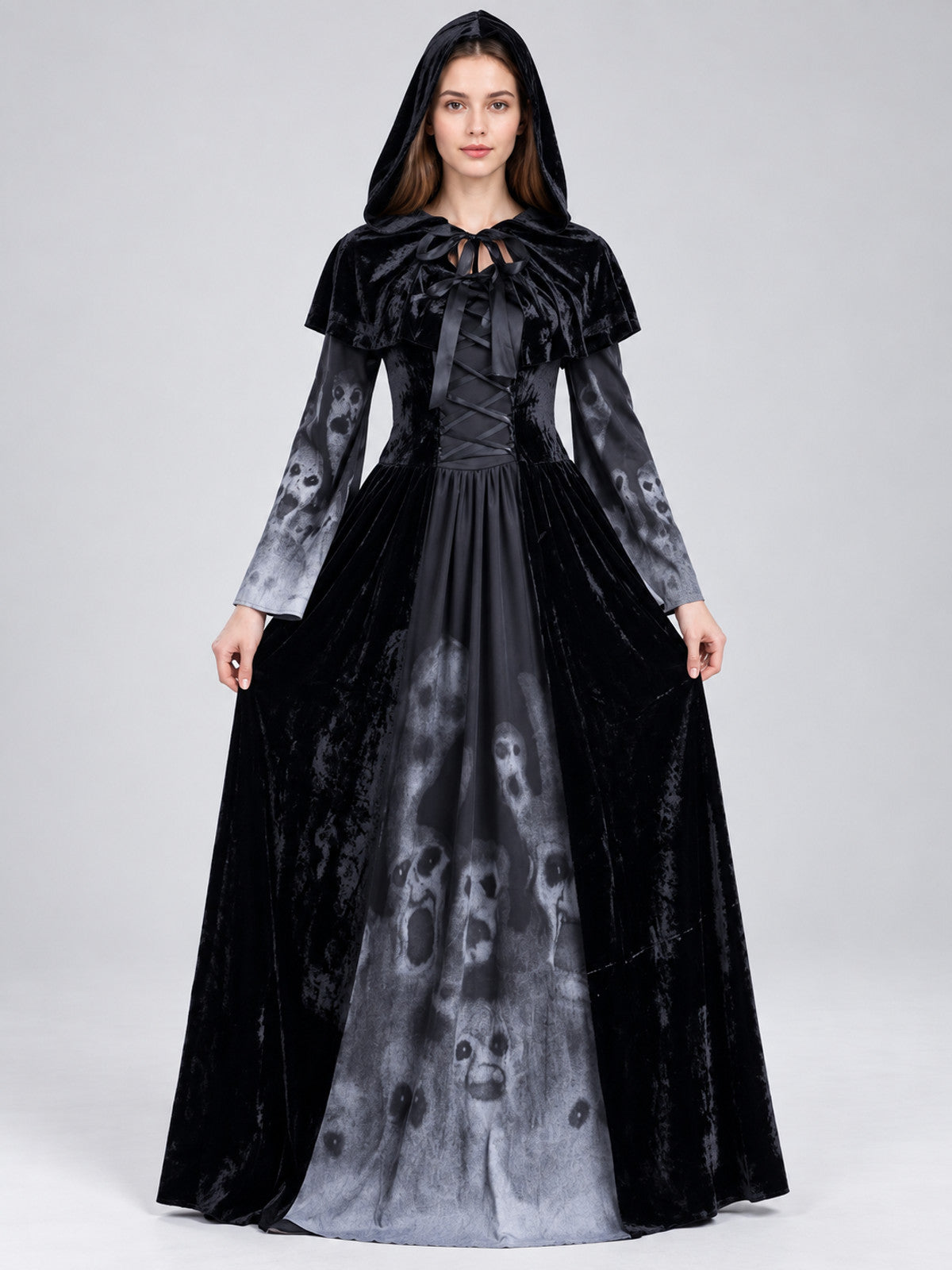 Gothic Hooded Dress with Lace-Up Detail and Skull Print on-model view