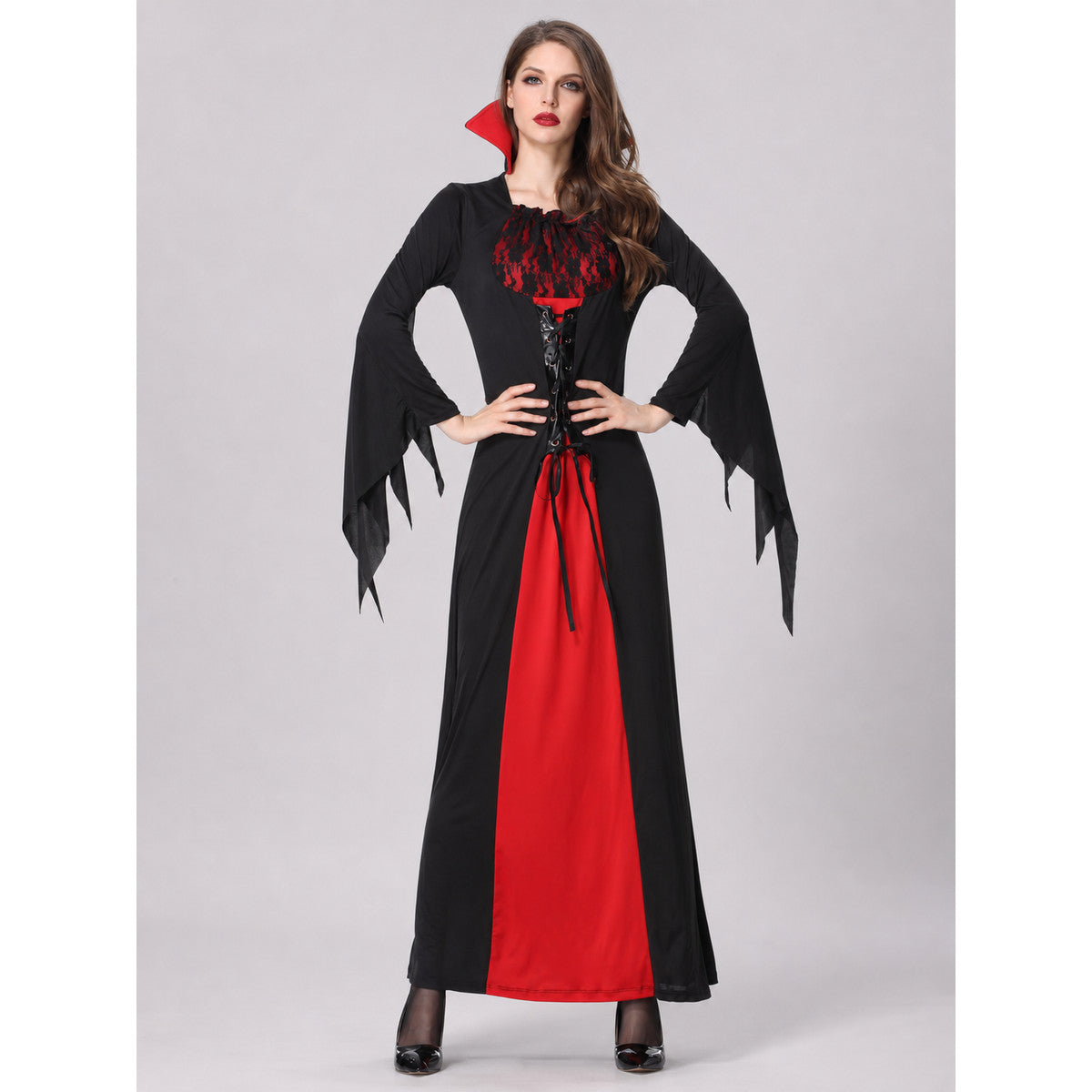 Carnival Cosplay Dress with Red and Black Details on-model view
