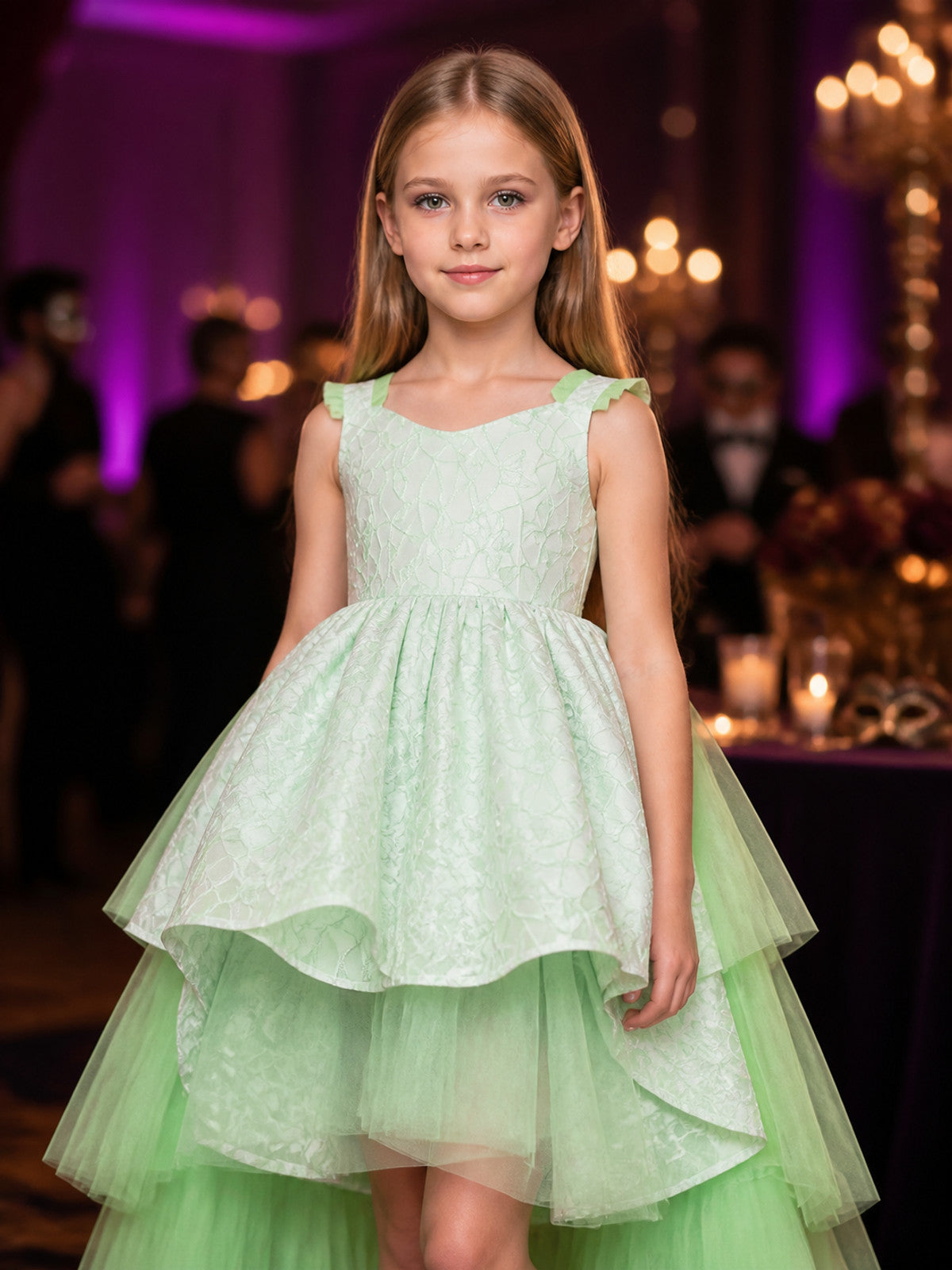 Girls' Apple Green Princess Flower Girl Dress, V-Neck Sleeveless Layered Tulle on-model view