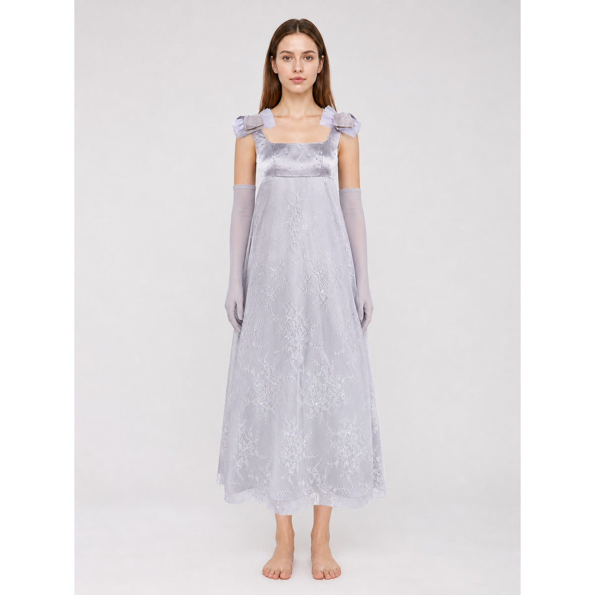 Long A-Line Dress with Mask and Gloves on-model view