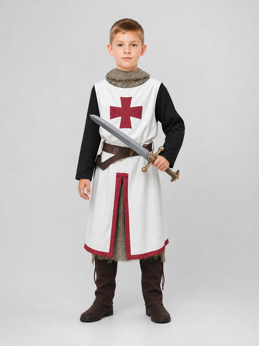 White tunic with red cross, black sleeves, chainmail-look collar, brown belt, dark trousers, boots and sword shown full-body on a child model