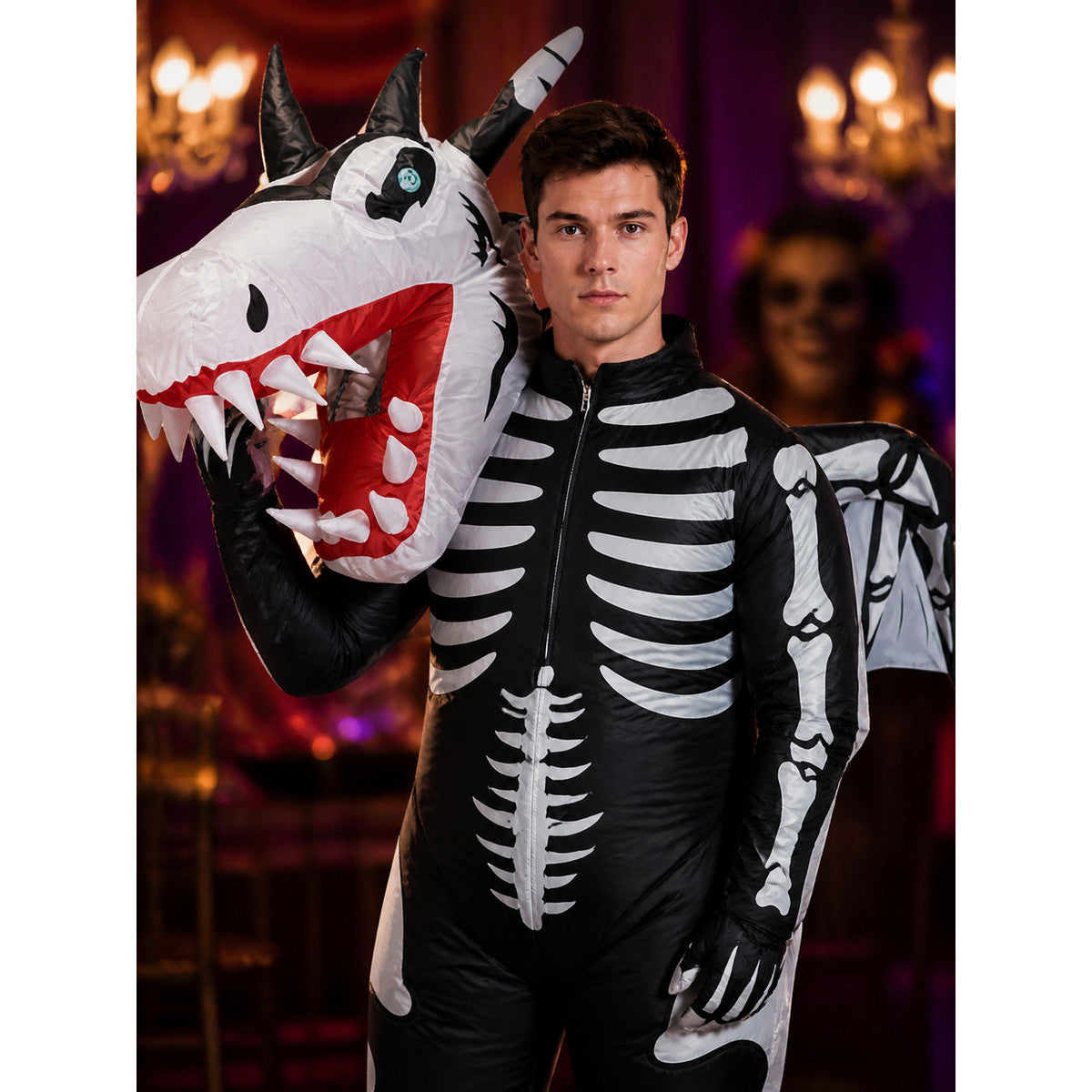 Adult Dragon Skeleton Costume Jumpsuit with Wings and Tail on-model view