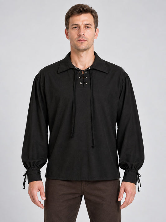 Black Pirate-Style Shirt with Collar and Lacing