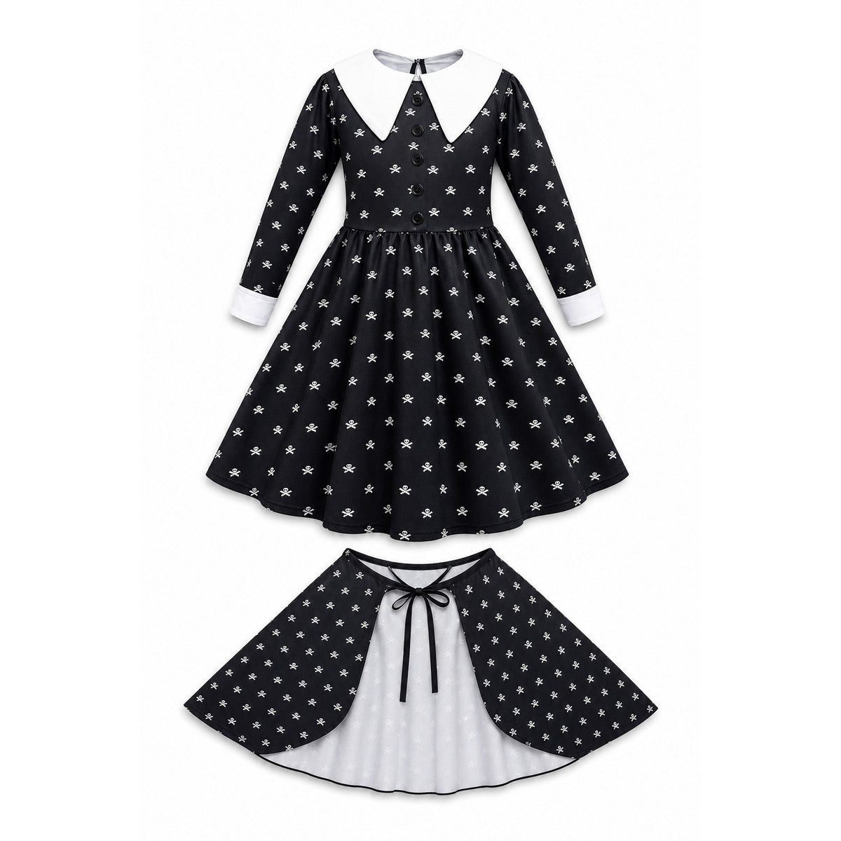 Black Halloween Costume Dress with Cape on-model view