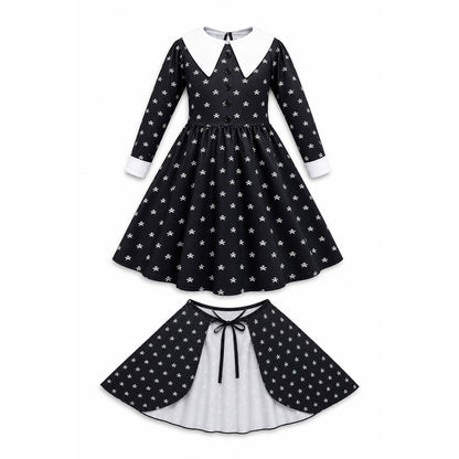 Black Halloween Costume Dress with Cape on-model view