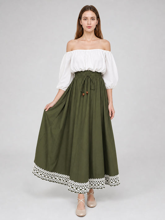 Full-body front view of an olive green maxi dress with a gathered skirt, white off-shoulder bodice, drawstring waist, and lace hem