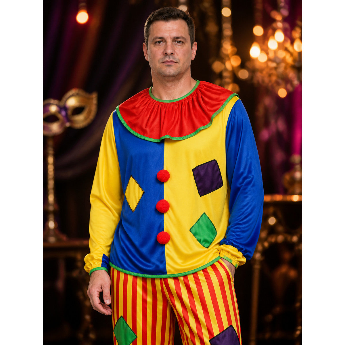 Adult Unisex Clown Costume Set, Colorful Striped Top and Pants, Circus Halloween on-model view