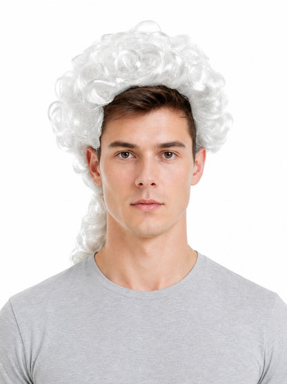 White curly wig with a long tied back section, shown in a front close-up on a model wearing a gray shirt