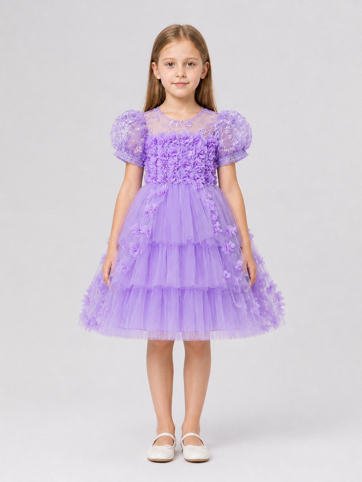 Full Festive Dress with Tulle and Floral Decor on-model view