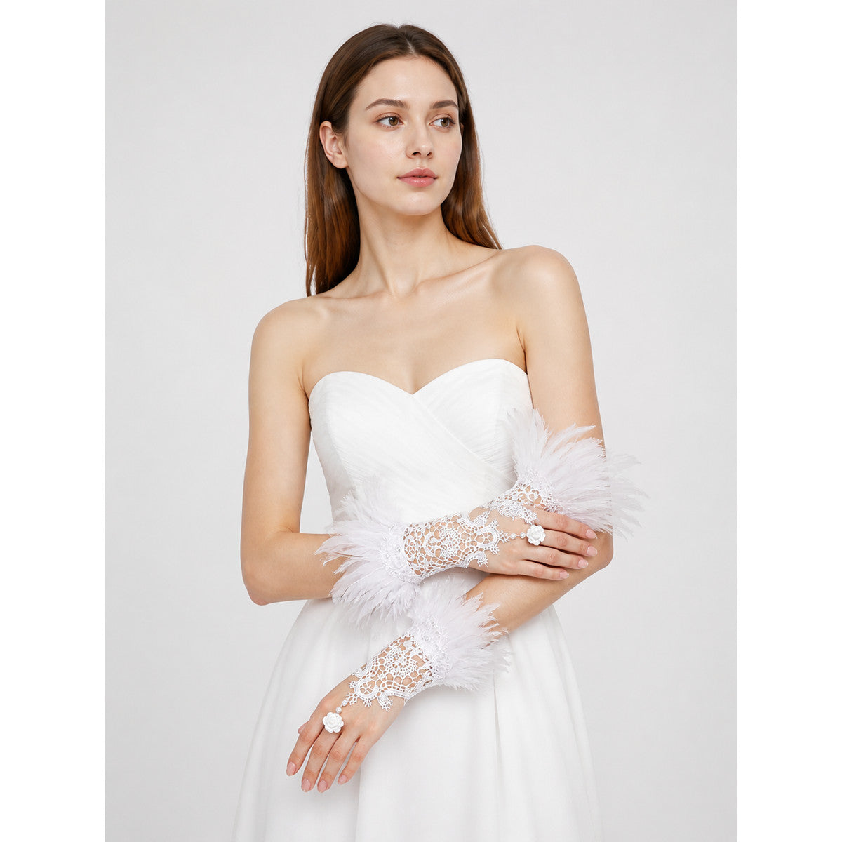 White Lace Finger-Loop Feather Gloves, Pair