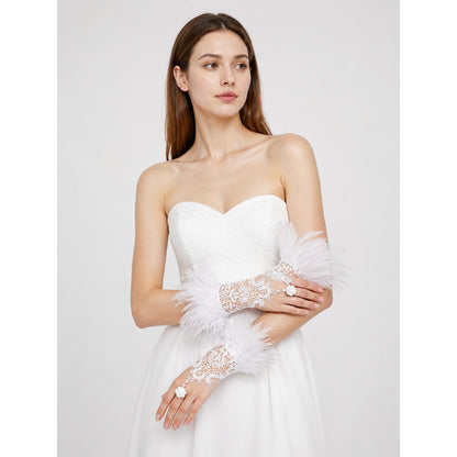 White Lace Finger-Loop Feather Gloves, Pair
