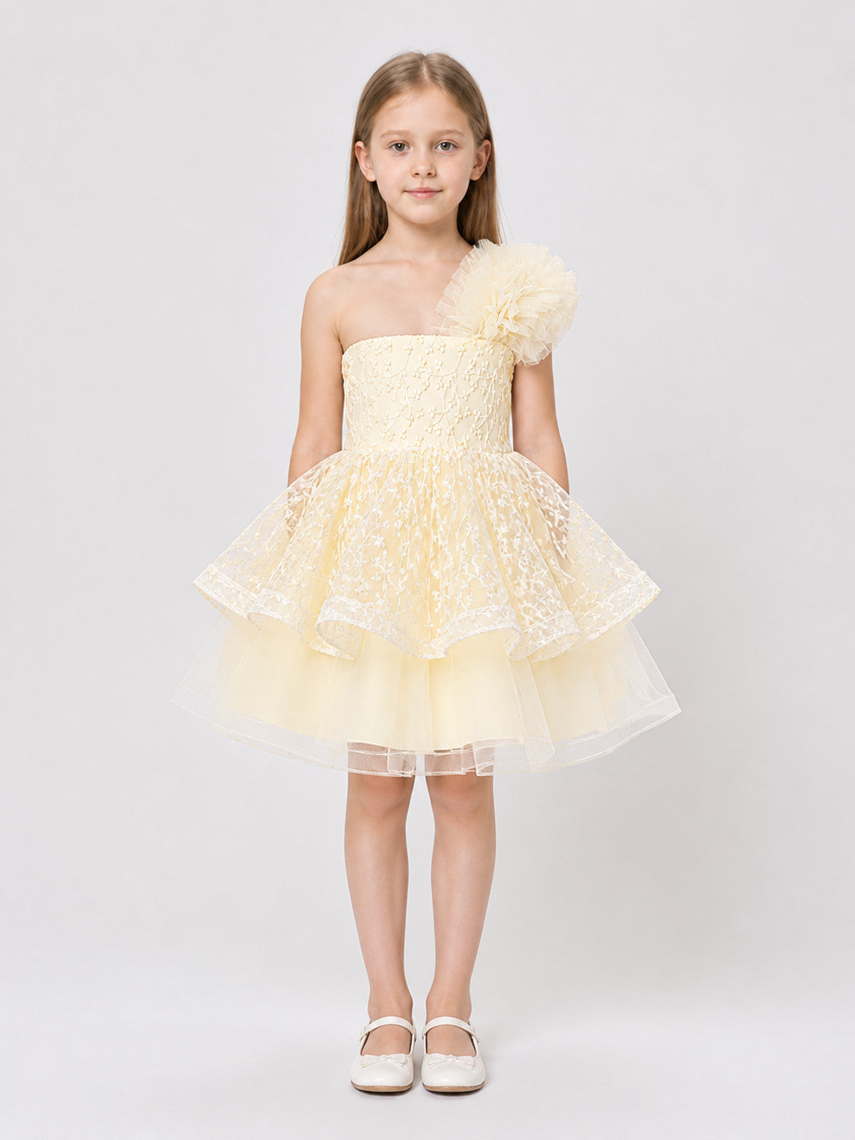Girls' Formal Dress with Lace Embroidery and Train on-model view