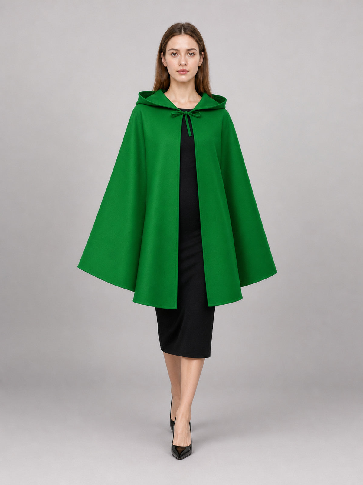 Long Green Carnival Cloak with Hood front view
