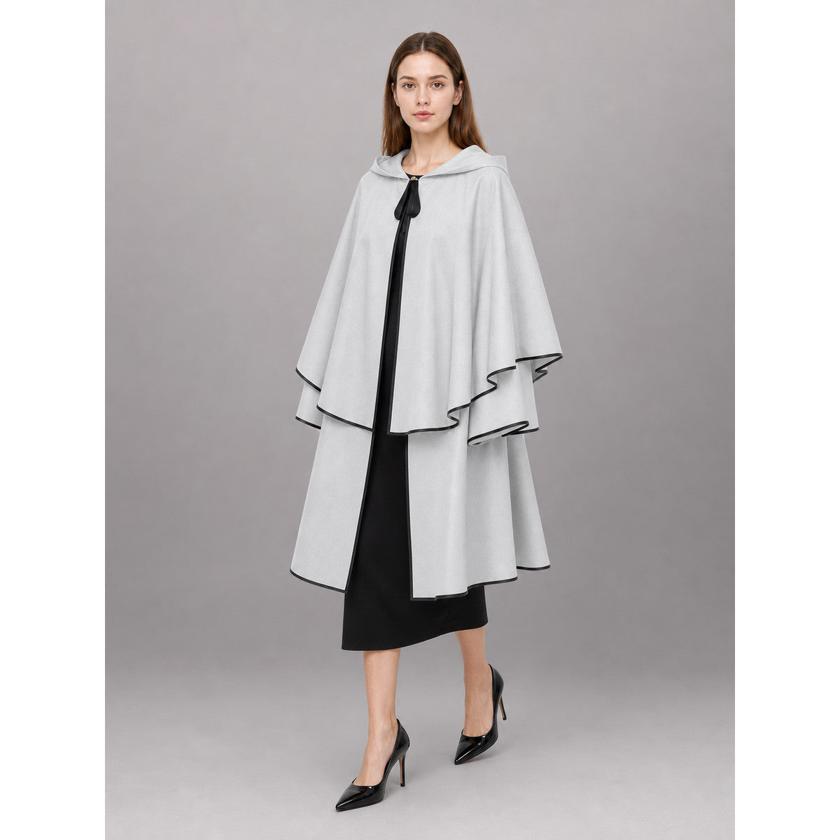 White Carnival Cloak with Hood and Black Trim