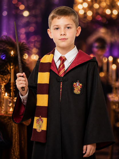 Kids Wizard Robe Costume Set, Hooded Black Cloak with Tie and Scarf on-model view