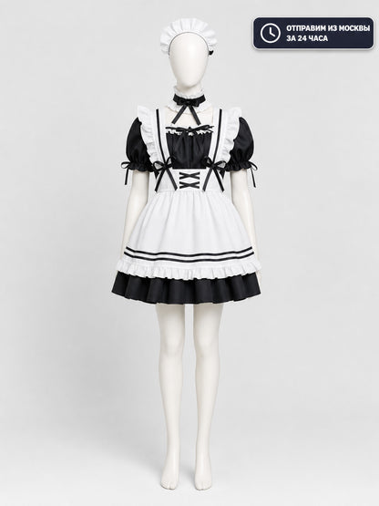 Black-and-White Maid-Style Dress with Ruffles and Bows