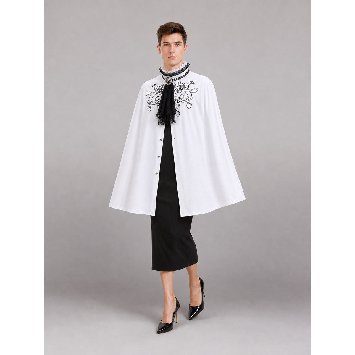 White Costume Shirt with Jabot and Embroidery front view
